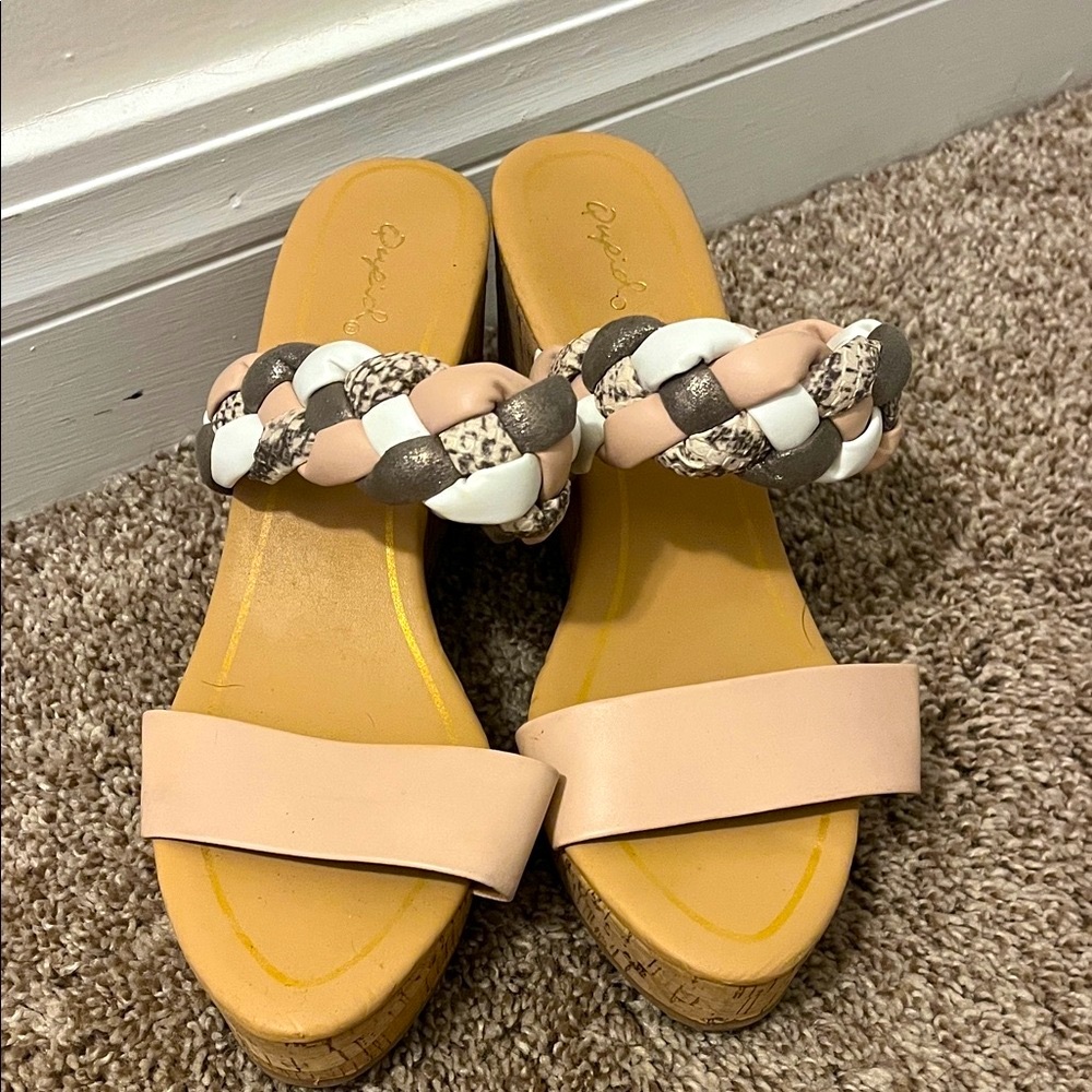 Qupid Light Pink and Multicolor Wedge Sandals